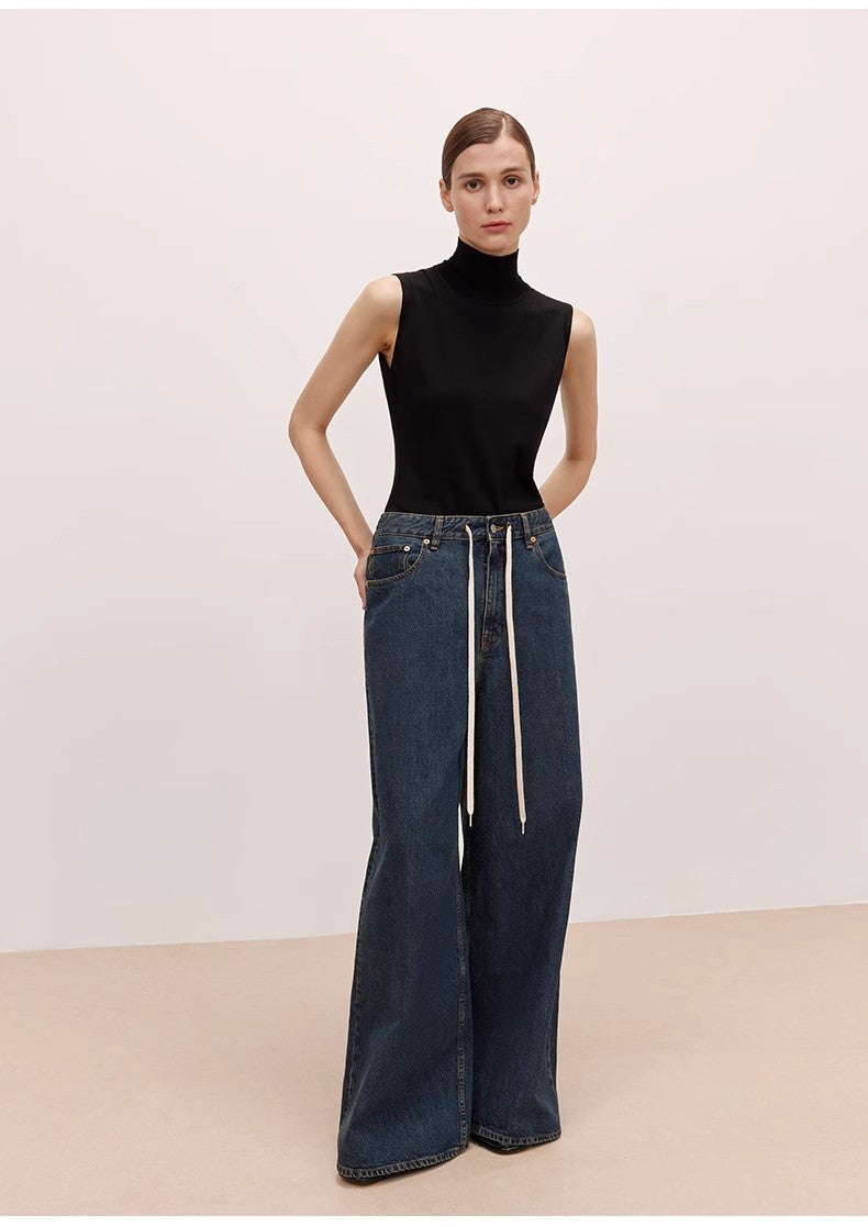 "Retro Blues" fashionable high waist pleated design washed casual wide