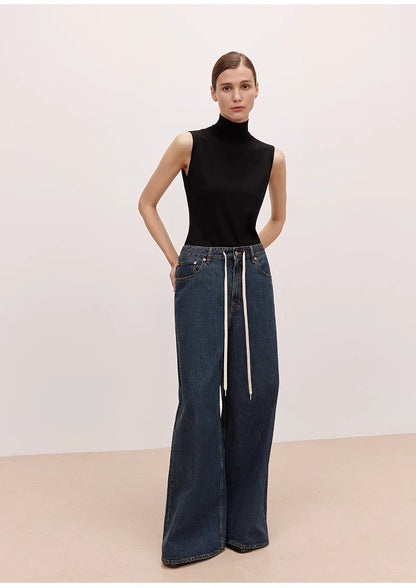 "Retro Blues" fashionable high waist pleated design washed casual wide