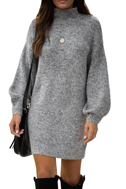 Mock Neck Lantern Sleeves Sweater Dress