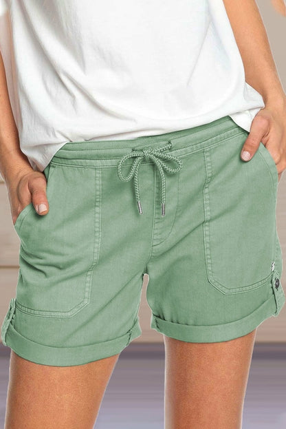 Elastic Waistband Pocket Drawstring Shorts with Button
