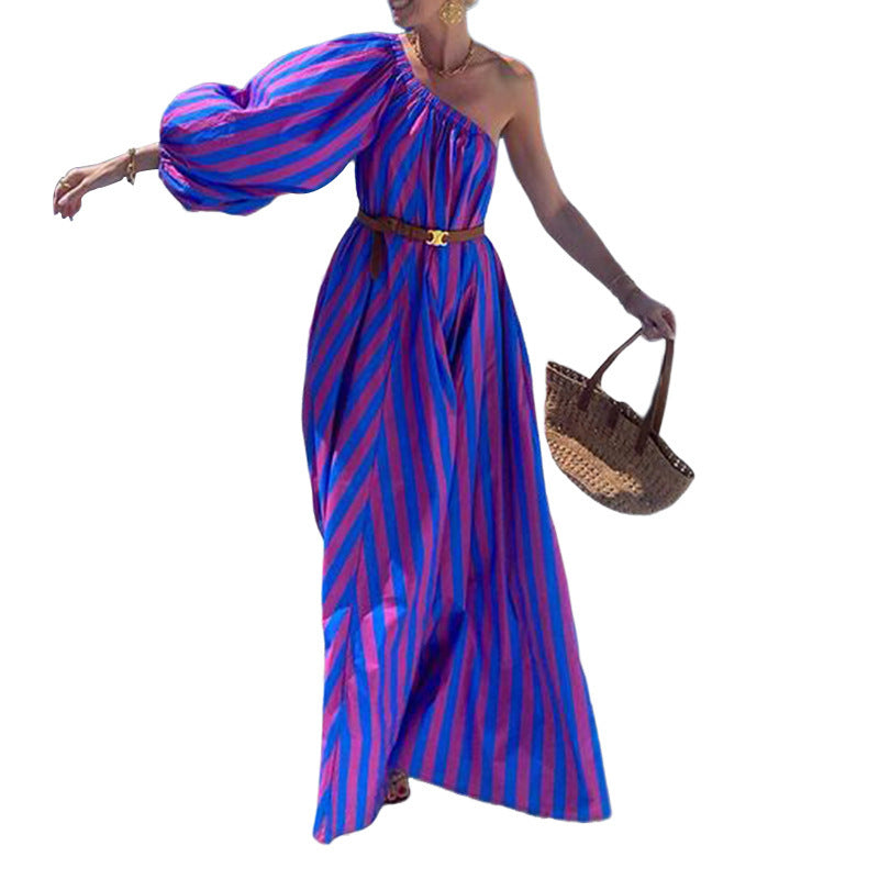 Fashion Personalized Oblique Shoulder Boho Striped Women's Mid-length