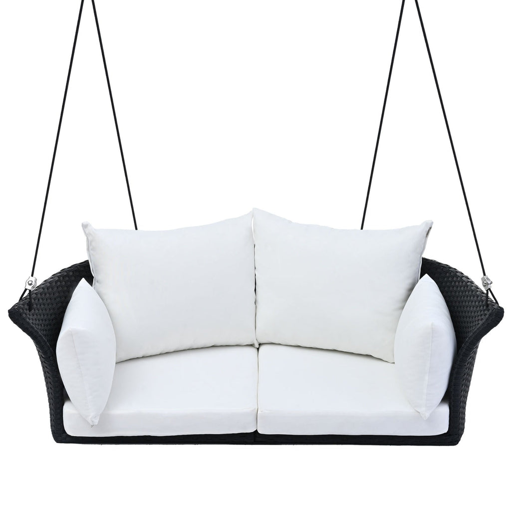 LuneluX_Home – Hanging Rattan Porch Swing for 2 (Black Wicker + White