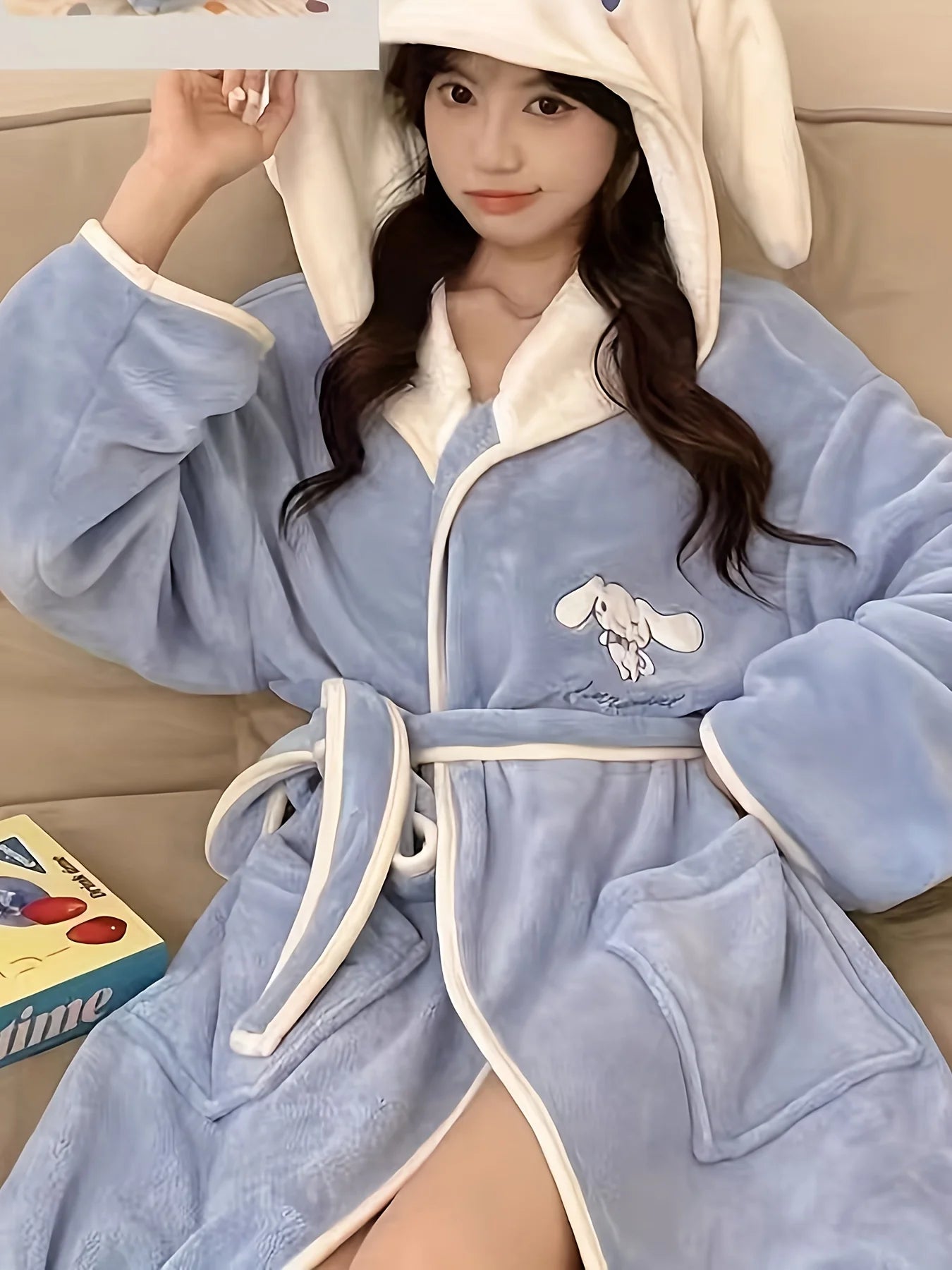 Sanrio My Melody Adorable Hooded Bathrobe with Water-absorbing and Quick-drying Features Cartoon-flannel Bathrobe for Woman