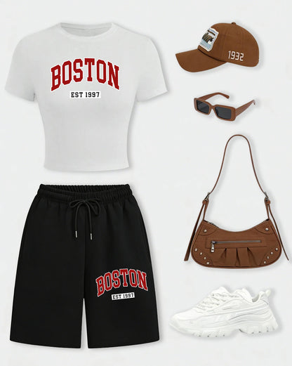Boston Letter Est 1997 Women T-Shirt Set Drawstring Wide-Leg Short Pants Summer Pocket Black Pant Cotton Breathable Crop T Shirt