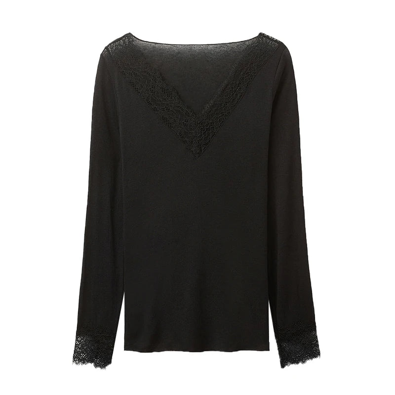 2026 Spring/Autumn Lady Fashion Inner Wear Casual V Neck Lace Trim Top Women&