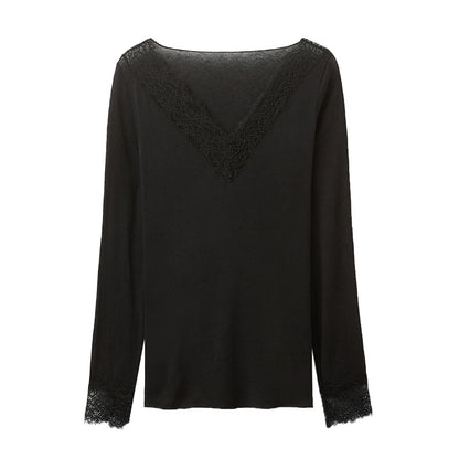 2026 Spring/Autumn Lady Fashion Inner Wear Casual V Neck Lace Trim Top Women's Solid Full Sleeve Underwear Shirt for Layering