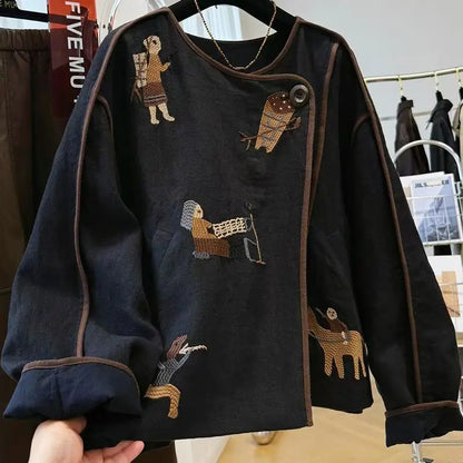Heavy Embroidery Round Neck Short For Women, Autumn New Loose Versatile Jacket Top