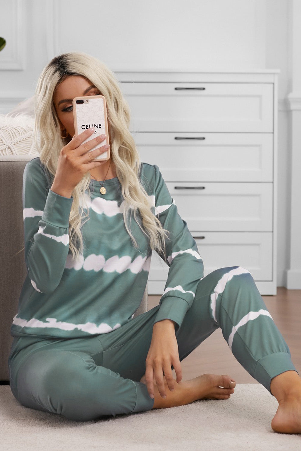Army Green Tie-dye Stripes Pullover Top and Pants Lounge Set