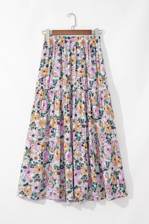 Boho Floral Side Slit Tiered Maxi Skirt