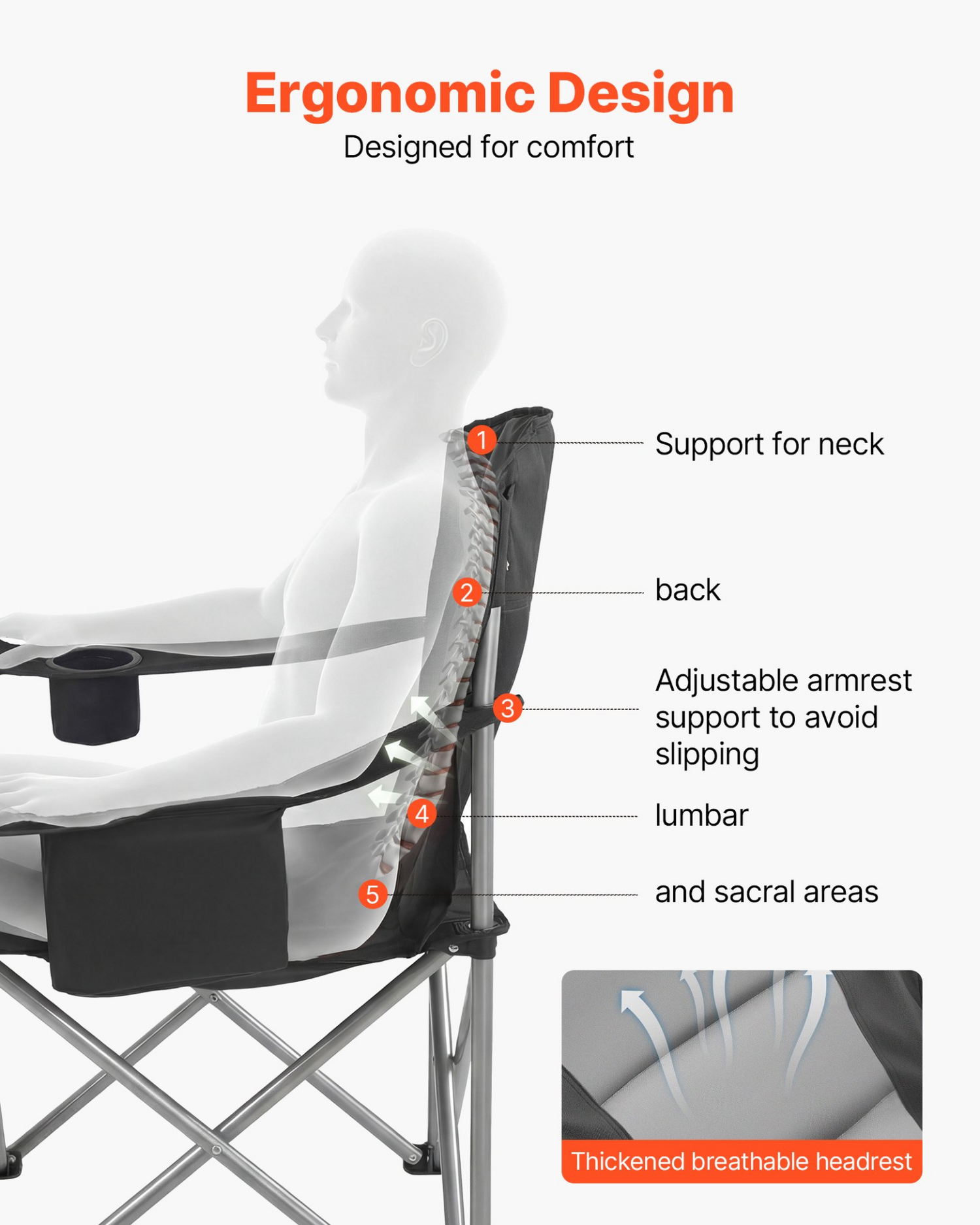 Start2Finish VEVOR oversized camping chairs with padded backrests, armrests, cup holders, side pockets, cooler bag, and carrying straps.