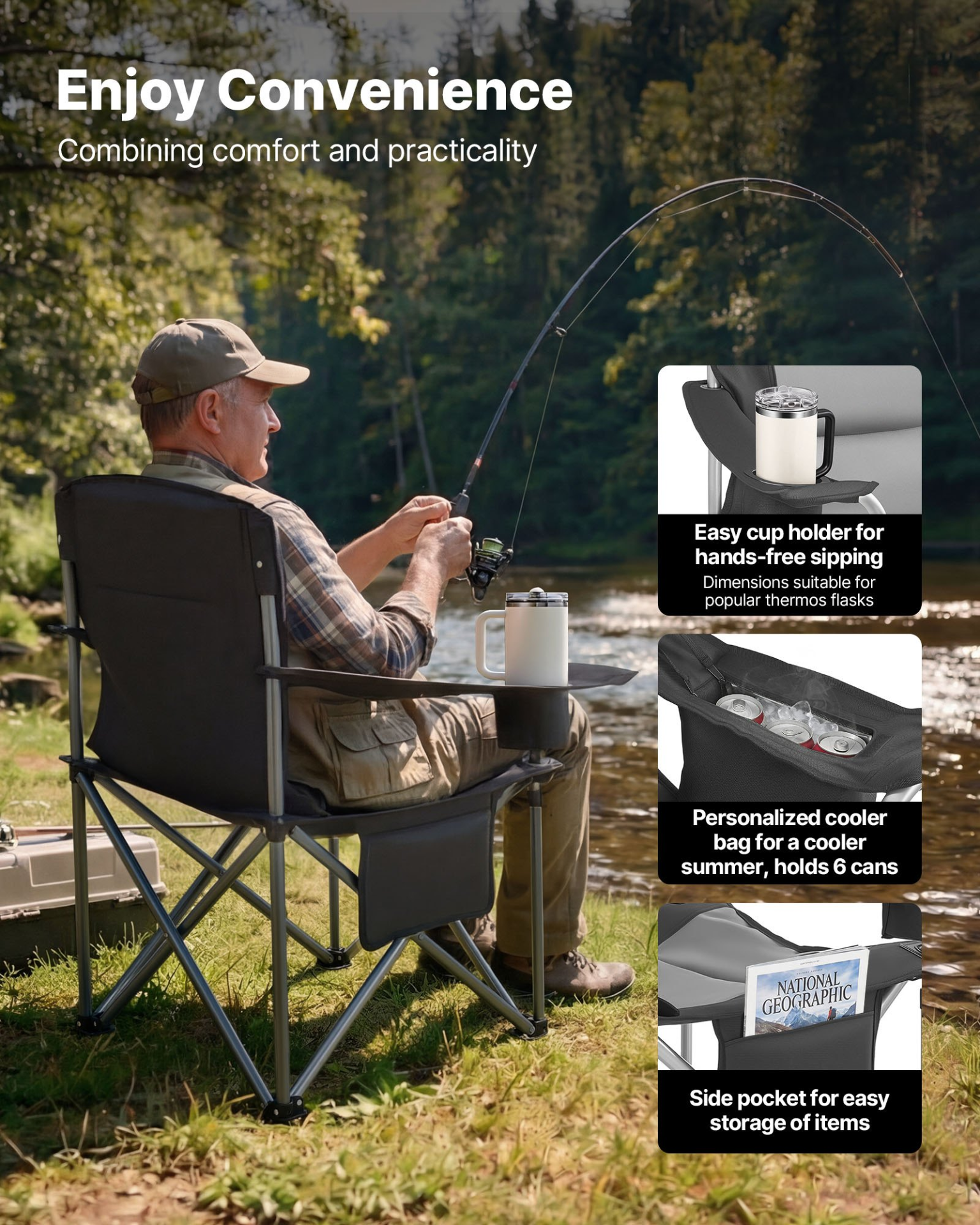 Start2Finish VEVOR oversized camping chairs with padded backrest, armrests, cup holder, side pocket, cooler bag, and portable design.