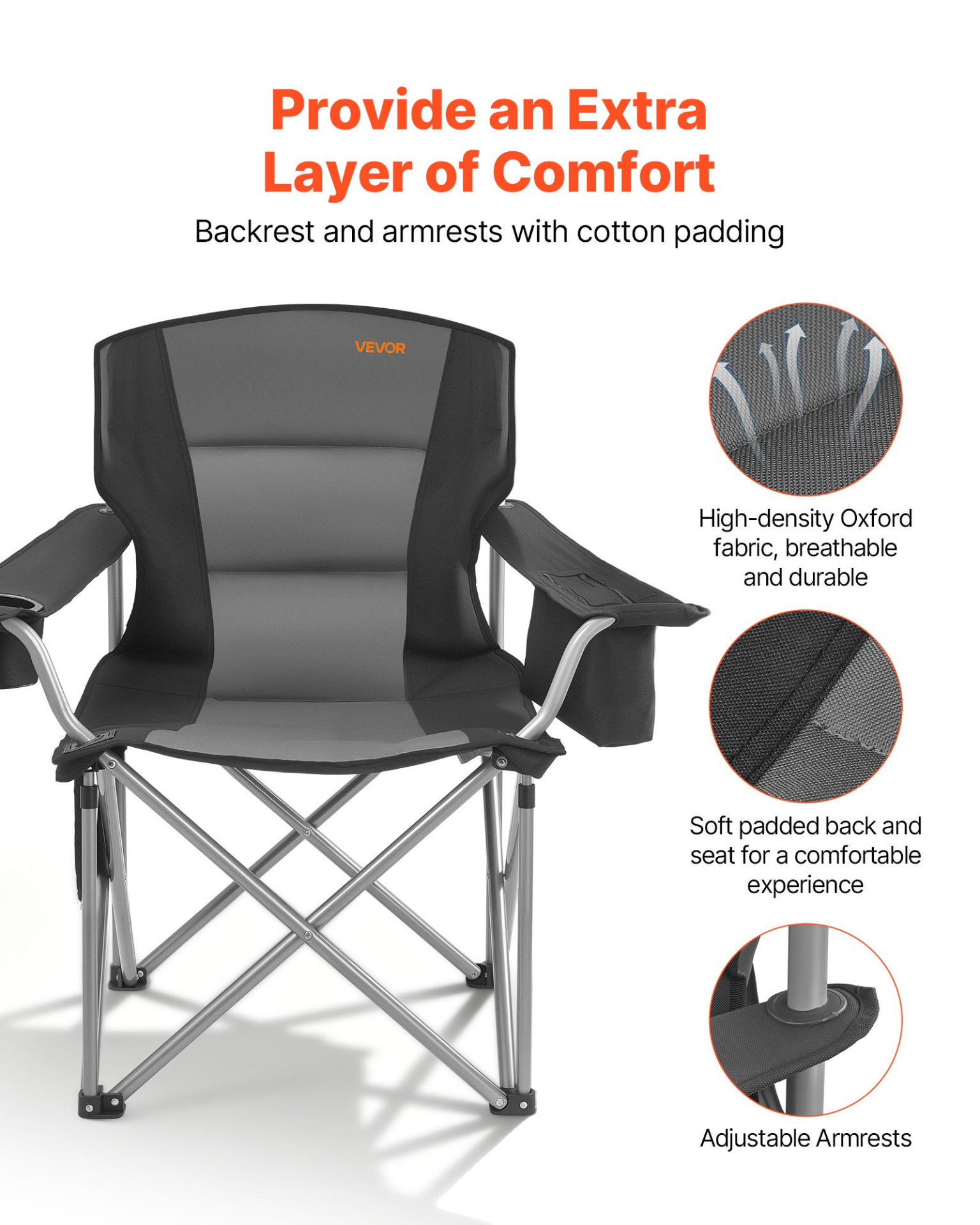 Start2Finish VEVOR oversized camping chairs with padded backrests, armrests, cup holder, side pocket, cooler bag, and carry bags.