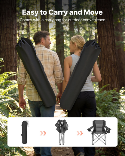 Start2Finish VEVOR oversized camping chairs with padded backrests, armrests, cup holders, side pockets, cooler bag, and carry bags for outdoor use.