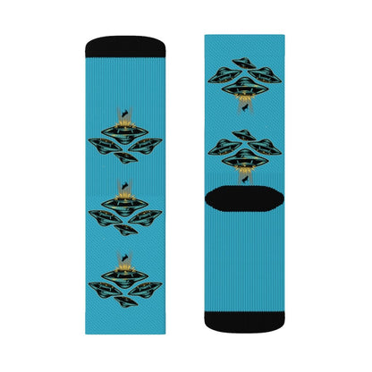 Yellow Pandora UFO Area 51 socks featuring alien and UFO designs, made of soft, comfortable fabric for casual wear.