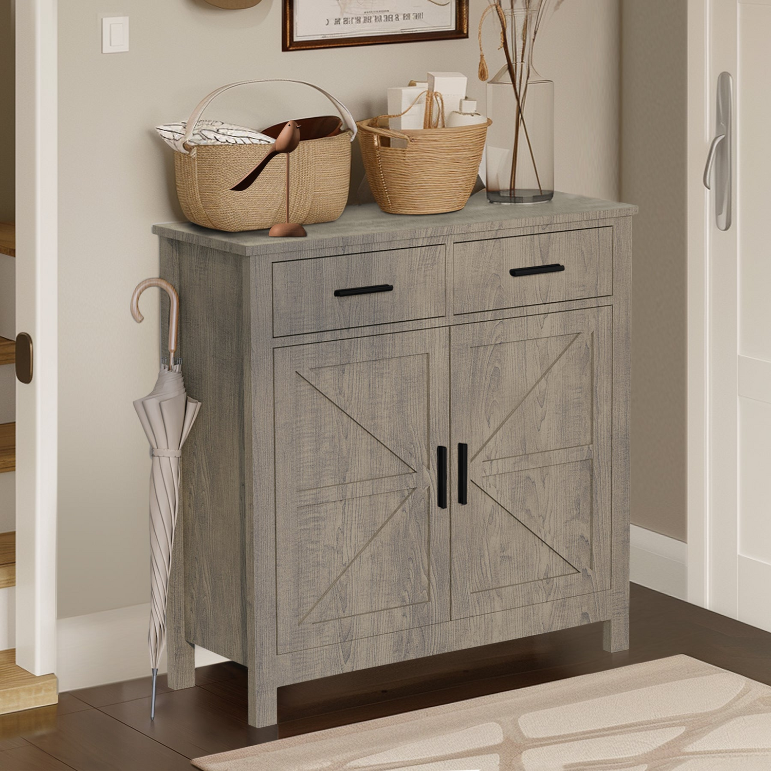 Modern farmhouse kitchen storage cabinet by Start2Finish with two drawers and two doors, showcasing a sleek, functional design.