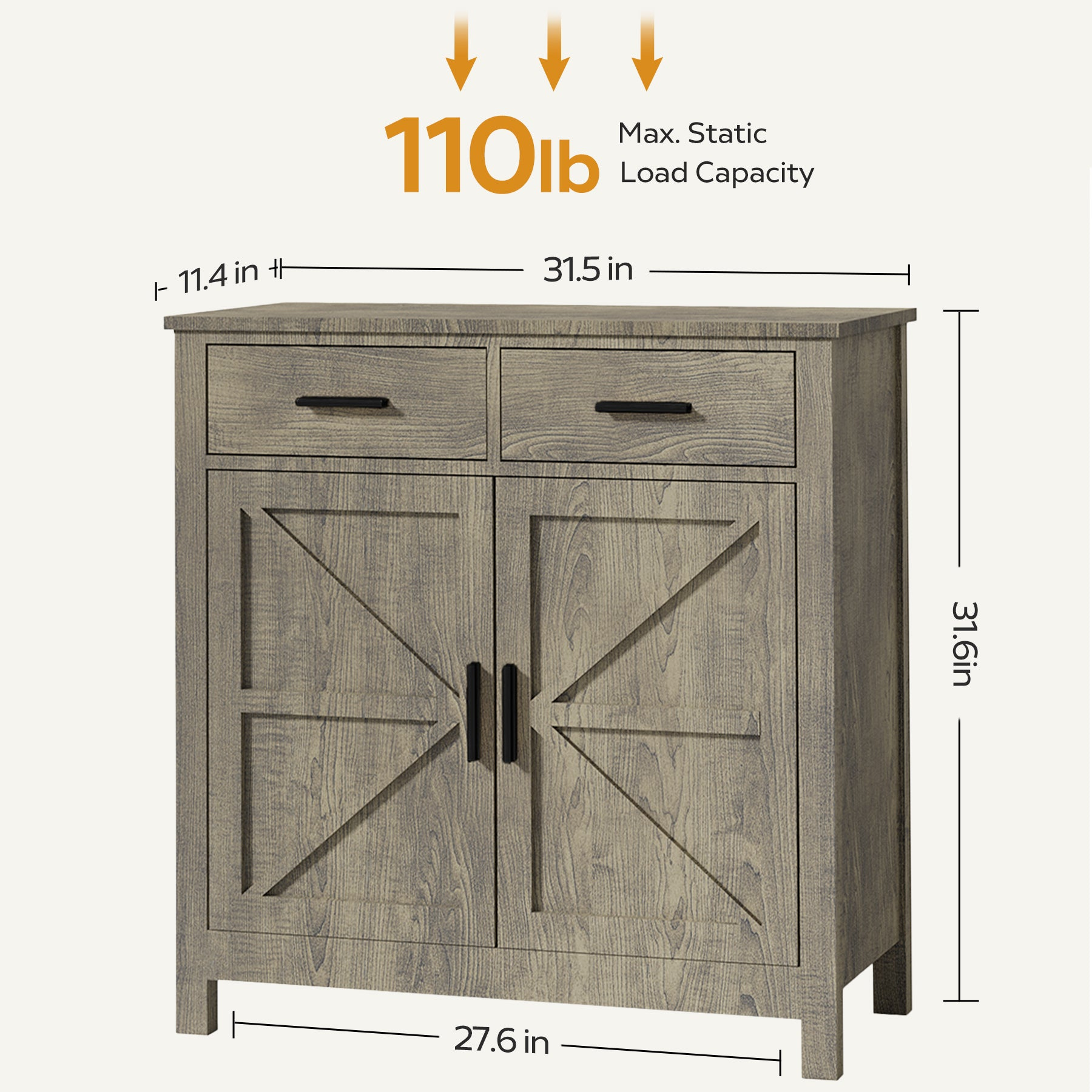 Modern farmhouse kitchen storage cabinet by Start2Finish with two drawers and two doors, featuring a sleek, functional design.