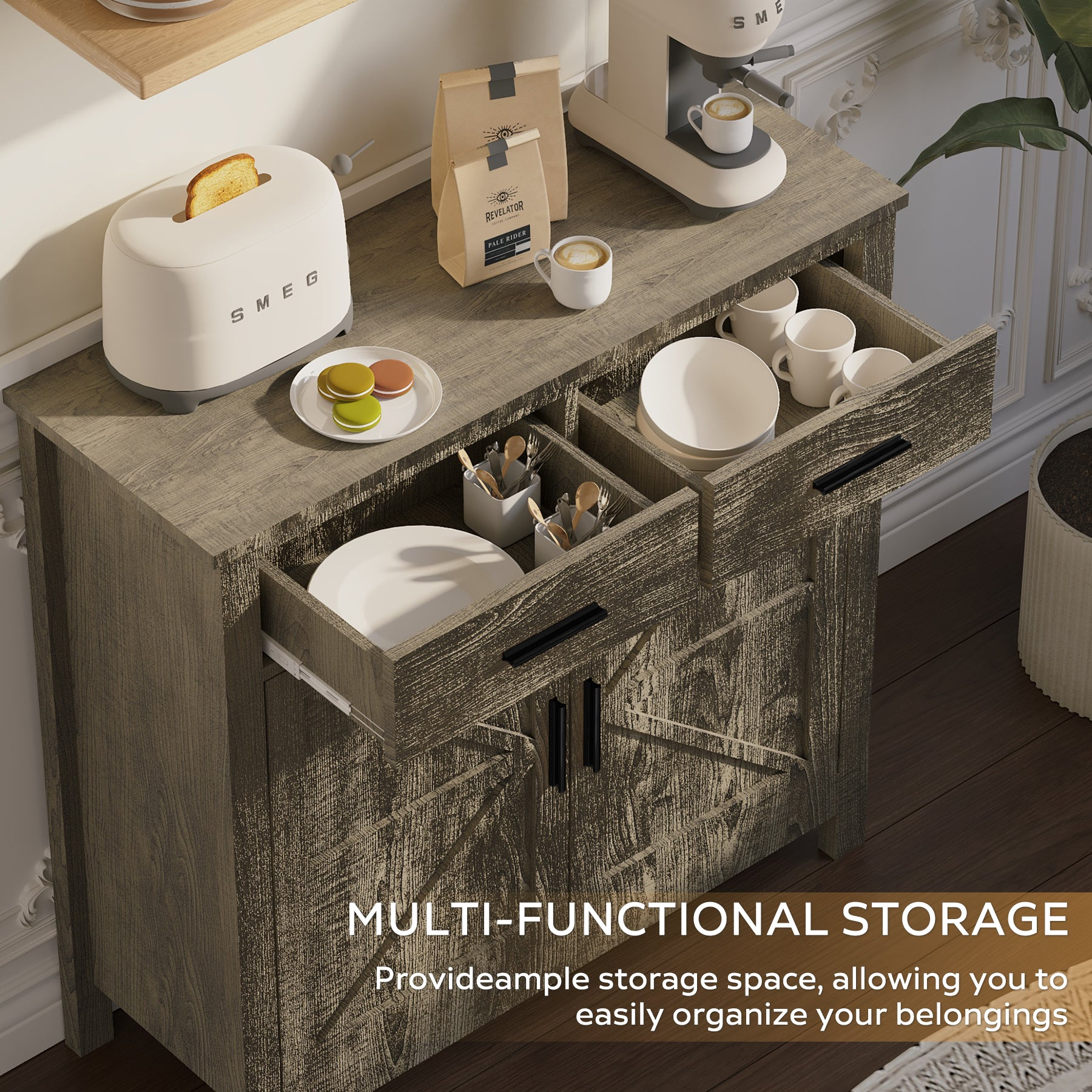Modern farmhouse kitchen storage cabinet by Start2Finish with two drawers, two doors, and a spacious surface for organization.
