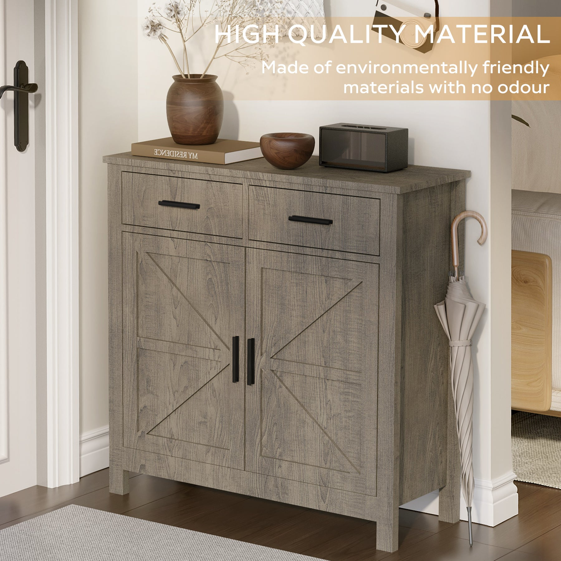 Modern farmhouse kitchen storage cabinet by Start2Finish with 2 drawers, 2 doors, and a spacious surface for organization.