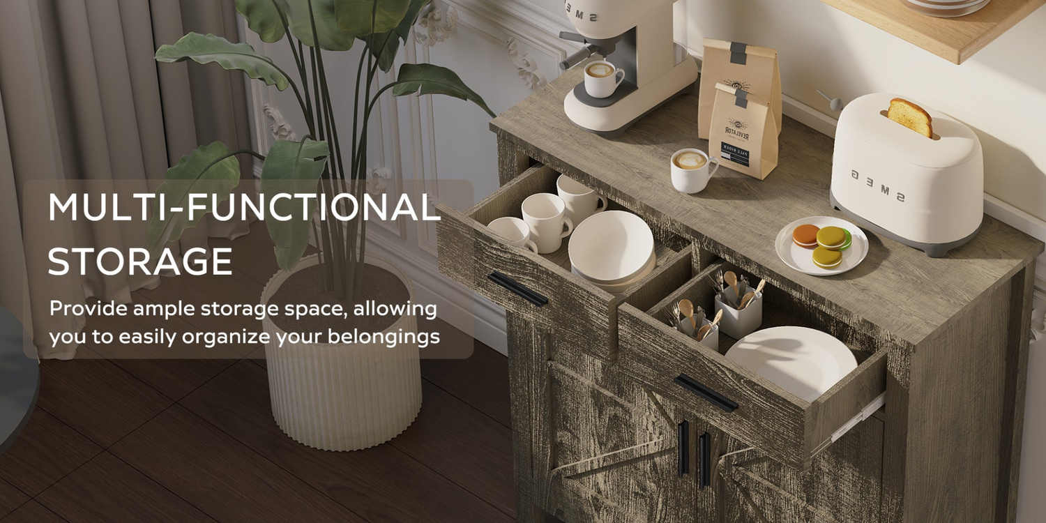Modern farmhouse kitchen storage cabinet with two drawers and two doors, featuring a Start2Finish design for organized space.