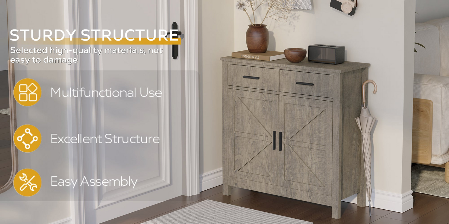 Modern farmhouse kitchen storage cabinet by Start2Finish with two drawers and two doors, featuring a spacious design and rustic finish.