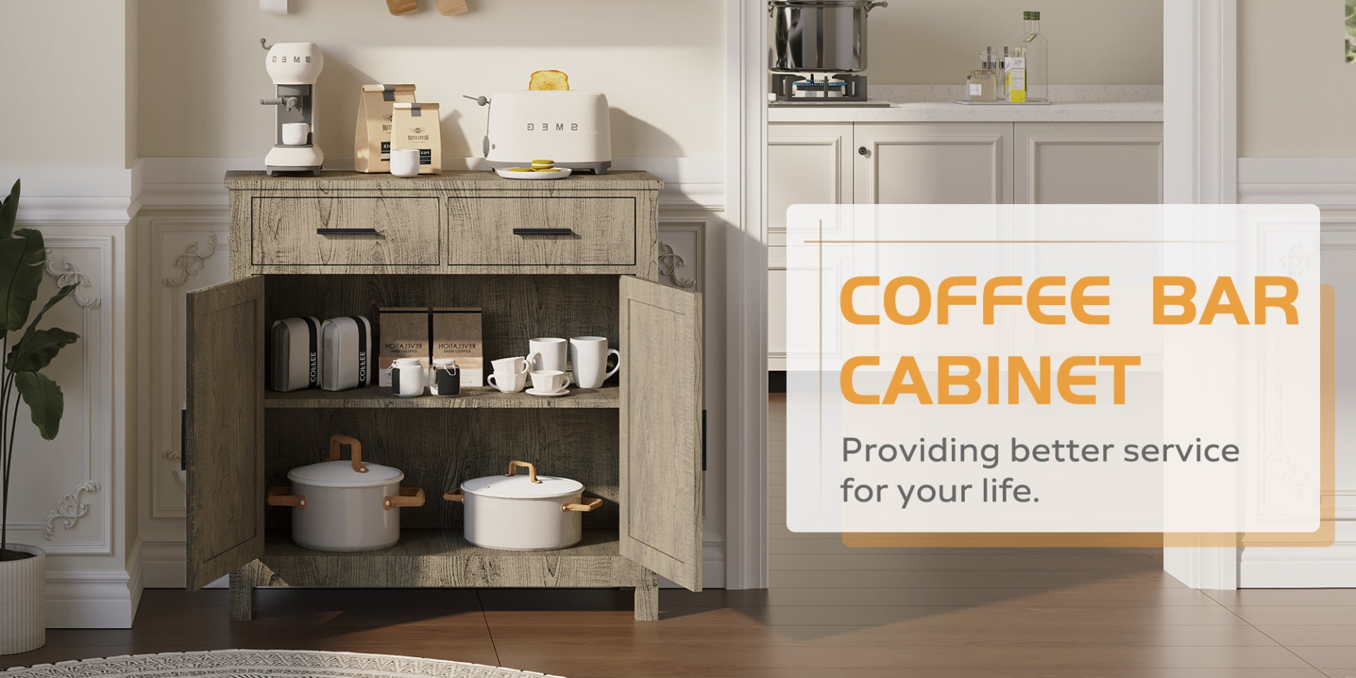 Modern farmhouse kitchen storage cabinet by Start2Finish with two drawers and two doors in a sleek design.