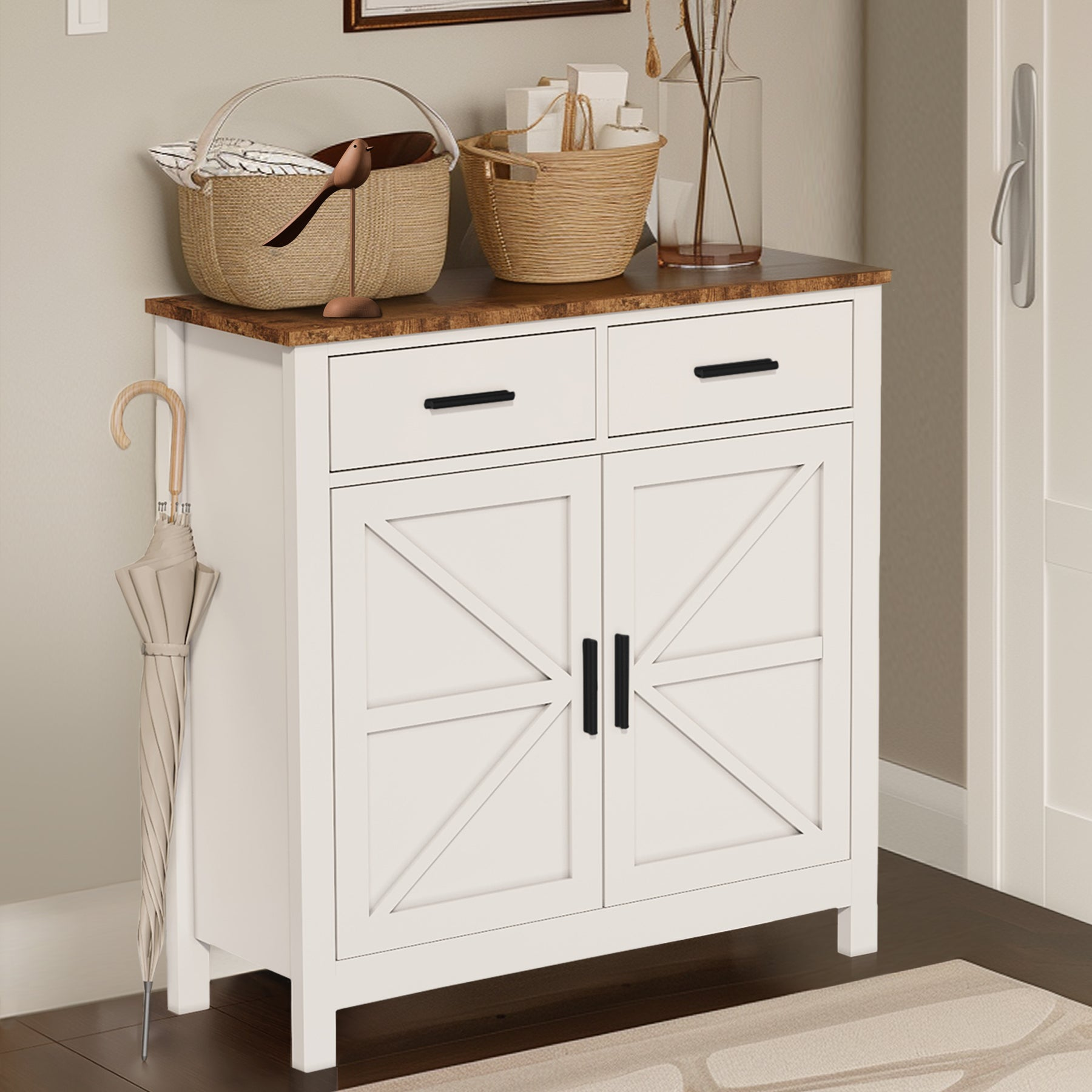 Modern farmhouse kitchen storage cabinet by Start2Finish with 2 drawers and 2 doors, featuring a sleek, functional design.