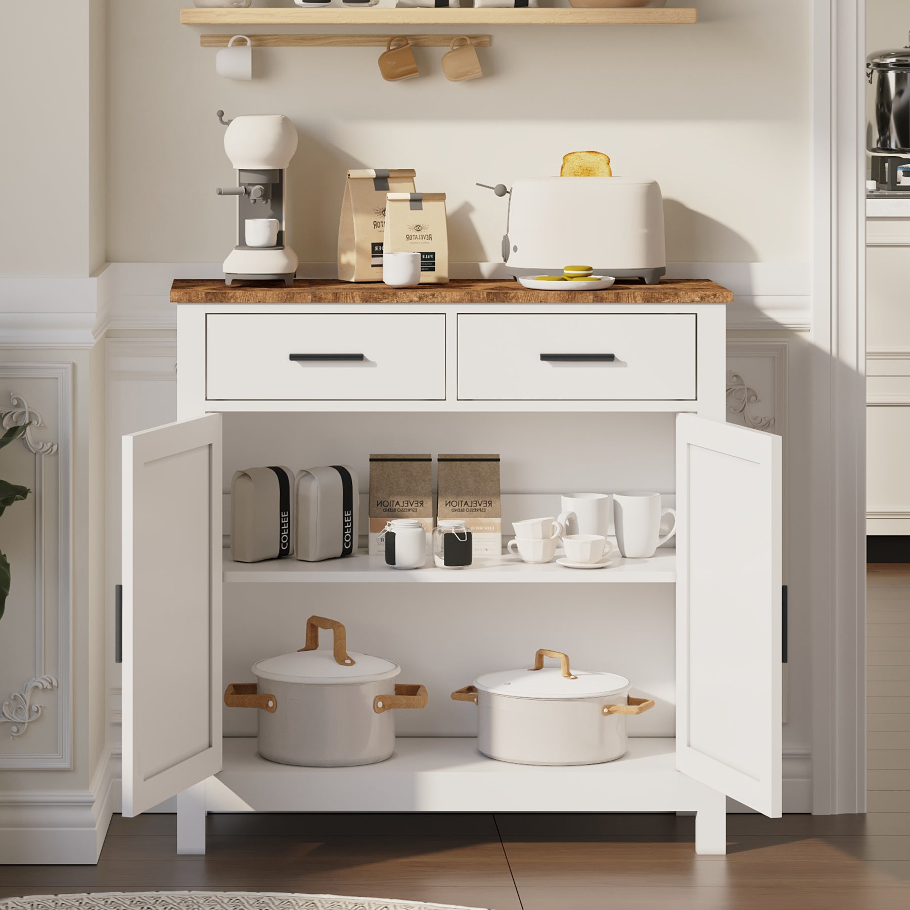 Modern farmhouse kitchen storage cabinet by Start2Finish with two drawers and two doors, featuring a stylish and functional design.