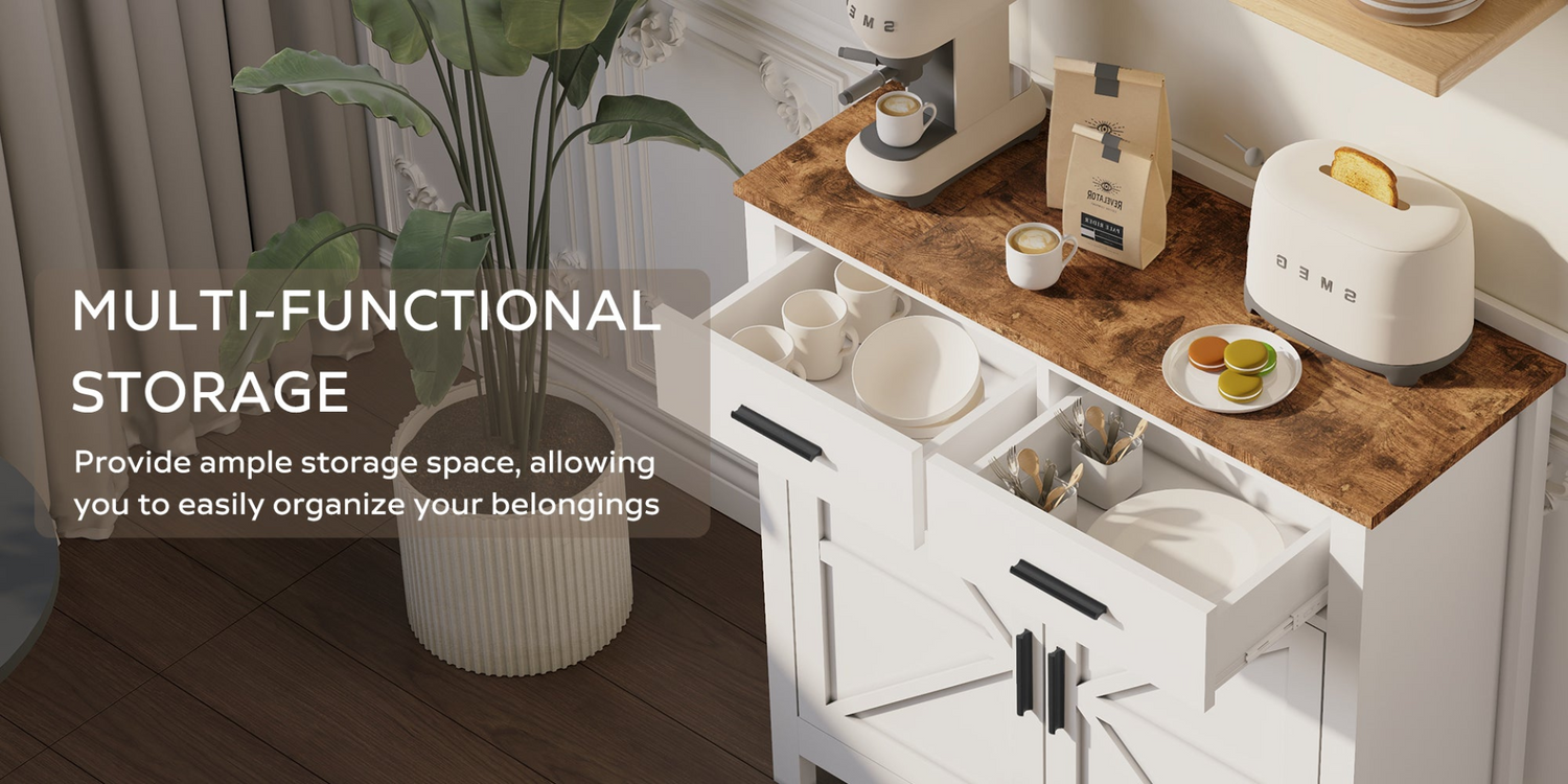 Modern farmhouse kitchen storage cabinet with two drawers and two doors, featuring a sleek finish and functional design.