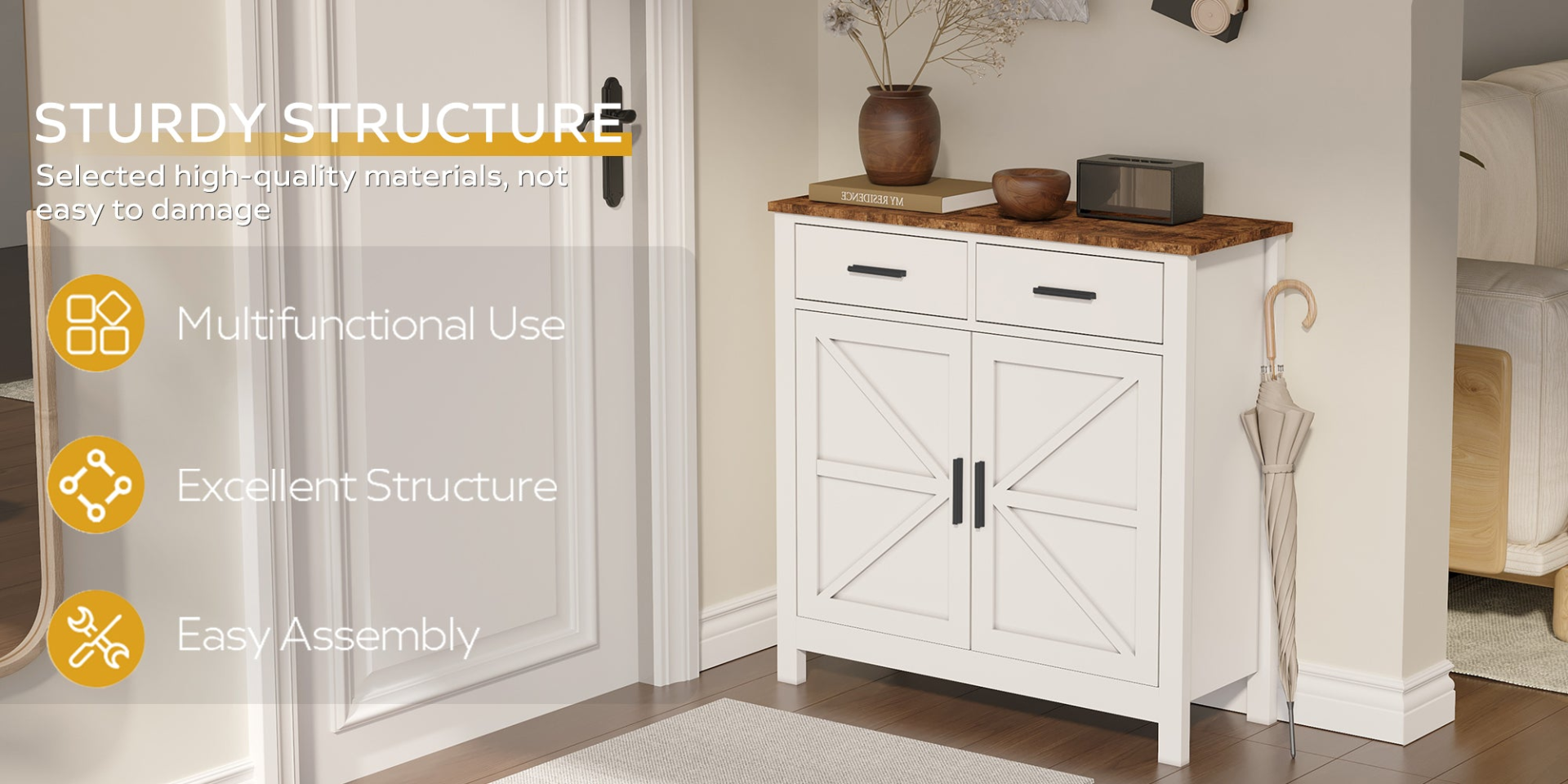 Modern farmhouse kitchen storage cabinet by Start2Finish with two drawers and two doors, featuring a rustic wood finish and ample storage space.