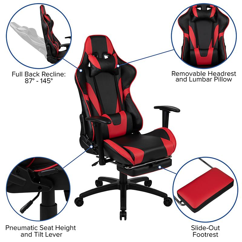 Start2Finish black gaming desk with red and black gaming chair and matching footrest, featuring ergonomic design and modern style.