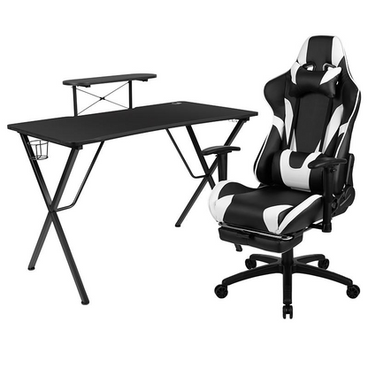 Start2Finish black gaming desk and reclining gaming chair set with black footrest, ideal for gaming and office use.