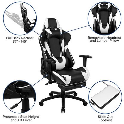 Start2Finish black gaming desk and reclining gaming chair set with footrest, featuring a modern design for gaming and work.
