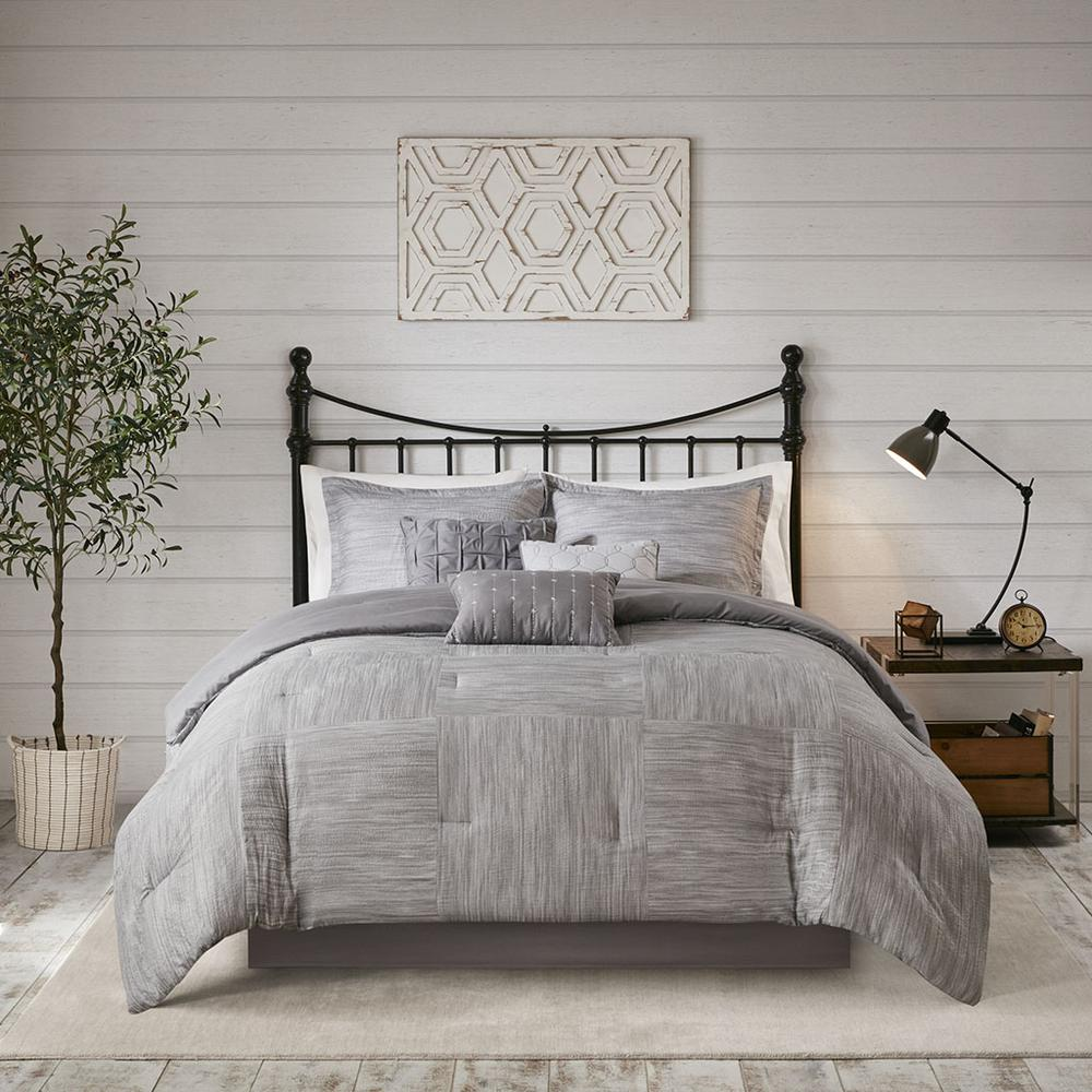 Start2Finish Walter 7-piece printed seersucker comforter set in grey, featuring a stylish seersucker pattern and matching pillow shams.