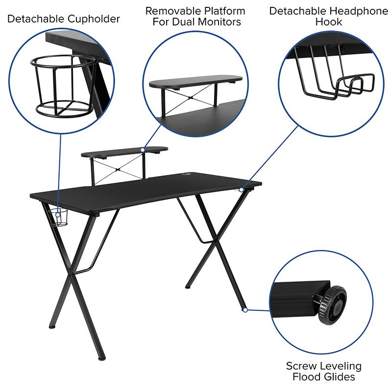 Black gaming desk and racing chair set by Start2Finish, featuring a sleek desk surface and ergonomic racing chair for gaming setup