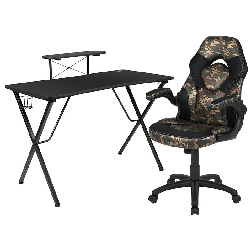 Start2Finish black gaming desk with camouflage and black racing chair set, featuring ergonomic design and sturdy construction.