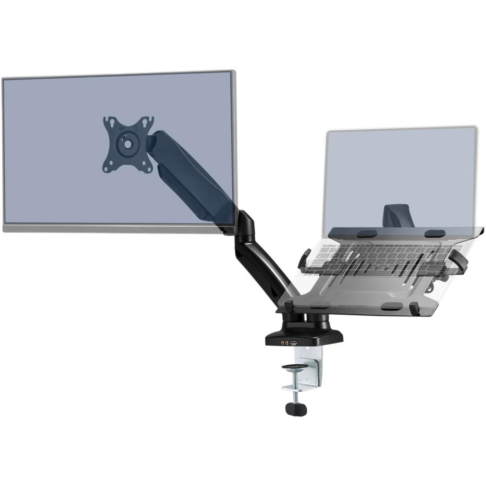 Start2Finish Lorell black monitor mounting arm with height adjustment, supports 2 displays, 75x75/100x100 VESA, 14.3 lb capacity