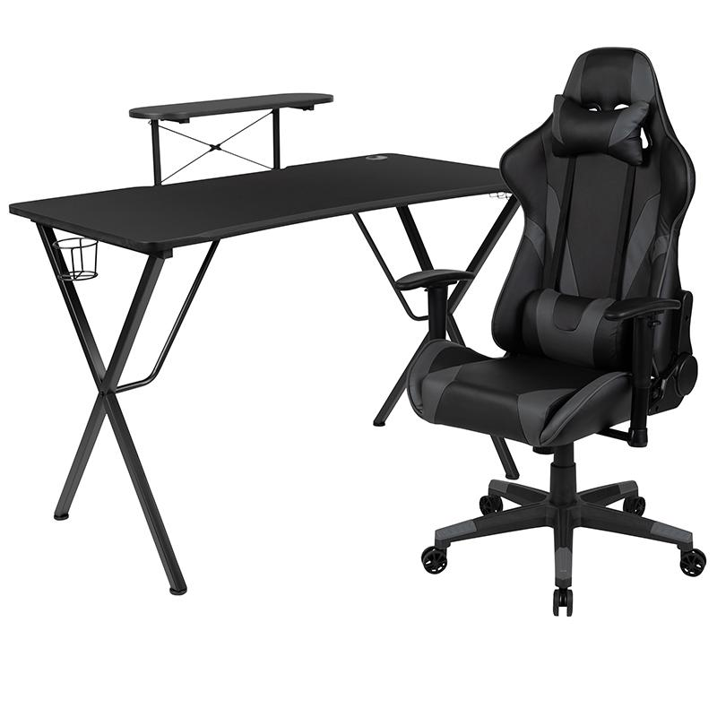 Start2Finish black gaming desk with gray reclining gaming chair, modern setup for gaming and work.