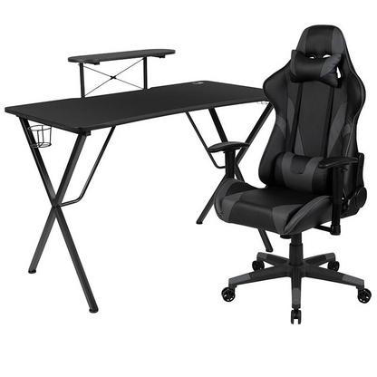 Start2Finish black gaming desk with gray reclining gaming chair, modern setup for gaming and work.