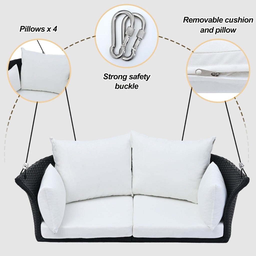 LuneluX_Home – Hanging Rattan Porch Swing for 2 (Black Wicker + White