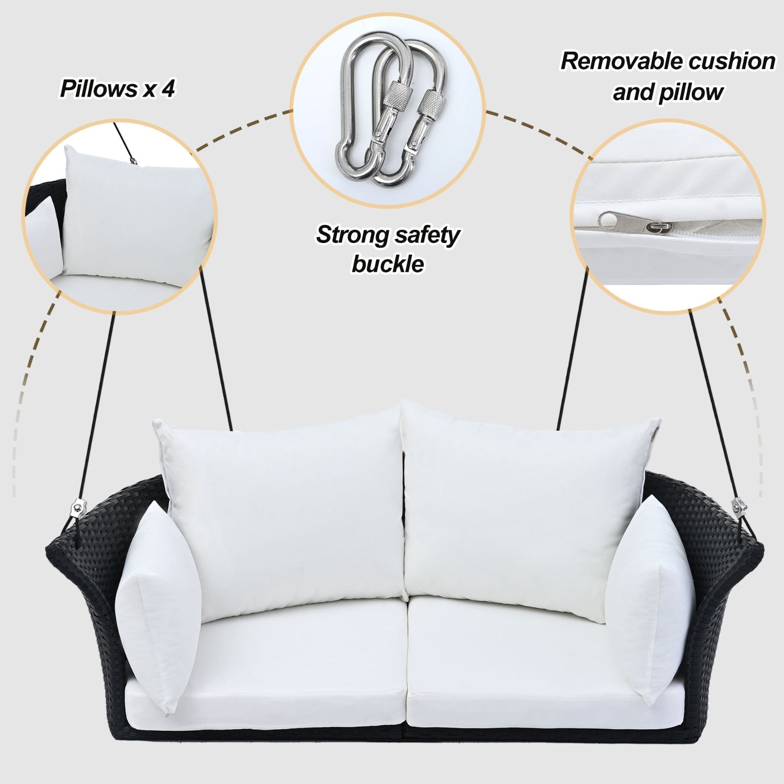 LuneluX_Home – Hanging Rattan Porch Swing for 2 (Black Wicker + White
