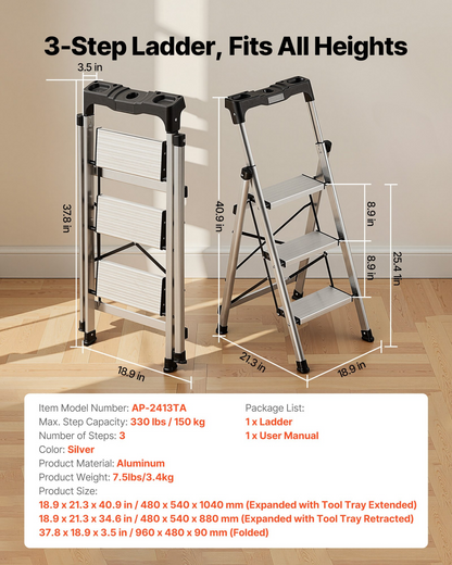 Start2Finish VEVOR 3-step aluminum ladder with wide anti-slip pedals and comfort handgrip, ideal for kitchen, warehouse, and household use