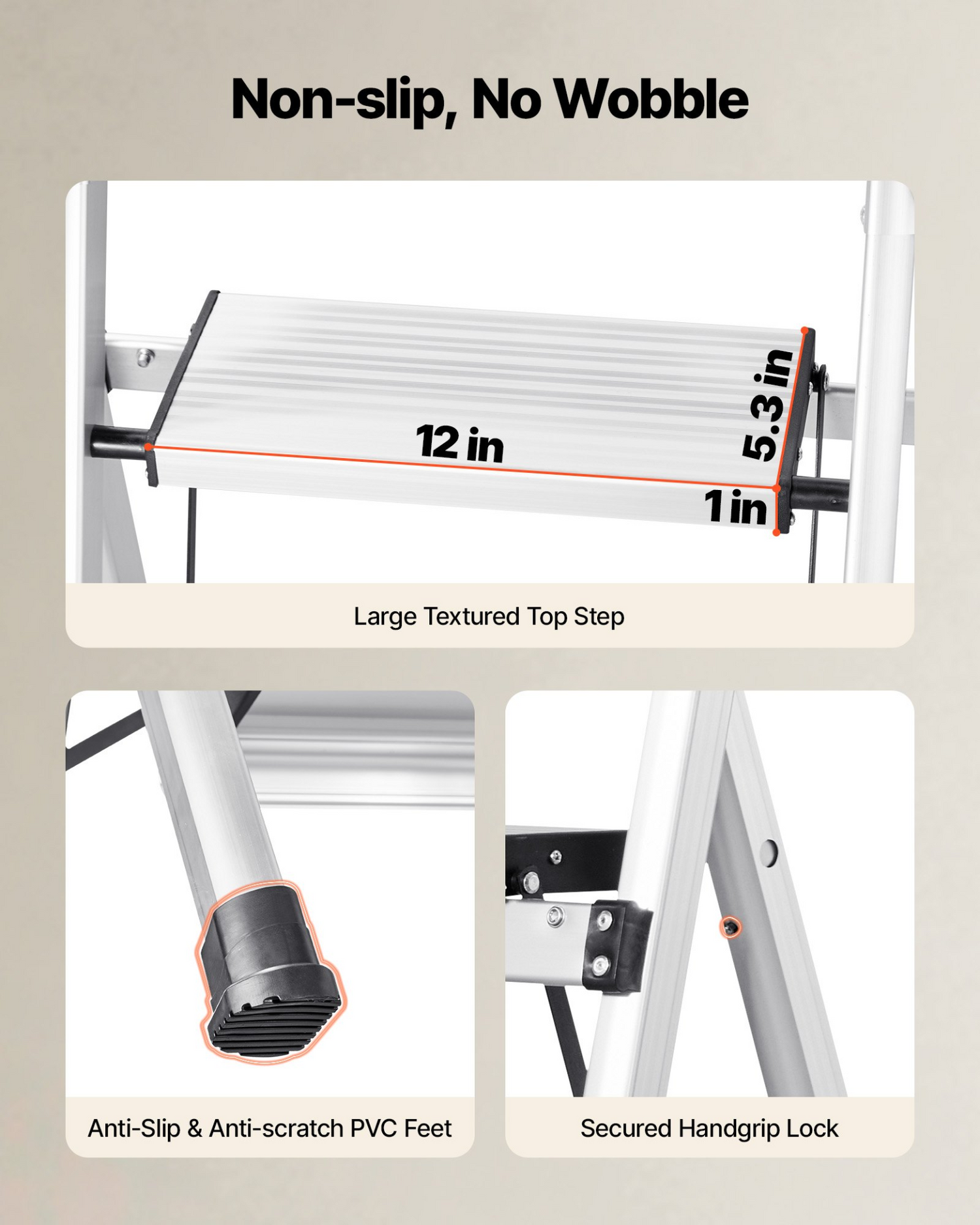 Start2Finish VEVOR 3-step aluminum ladder with anti-slip pedals and handgrip, ideal for kitchen, warehouse, and household use.