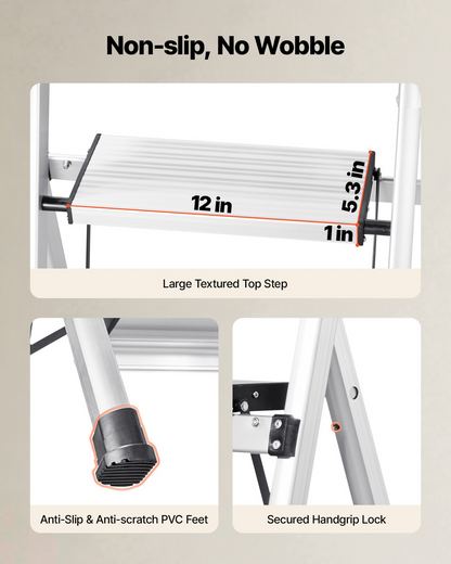 Start2Finish VEVOR 3-step aluminum ladder with anti-slip pedals and handgrip, ideal for kitchen, warehouse, and household use.