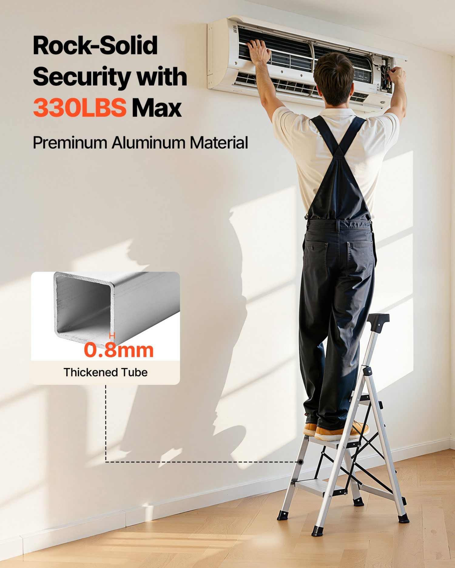 Start2Finish VEVOR 3-step aluminum ladder with wide anti-slip pedals, comfort handgrip, and 330 lbs capacity for household and office use.