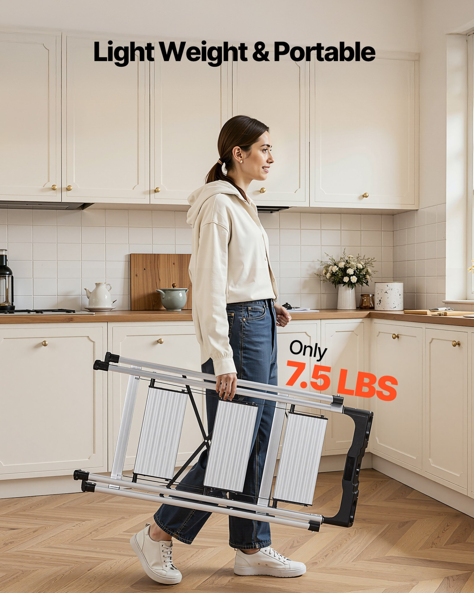 Start2Finish VEVOR 3-step folding aluminum ladder with wide anti-slip pedals and comfort handgrip, silver portable step stool.