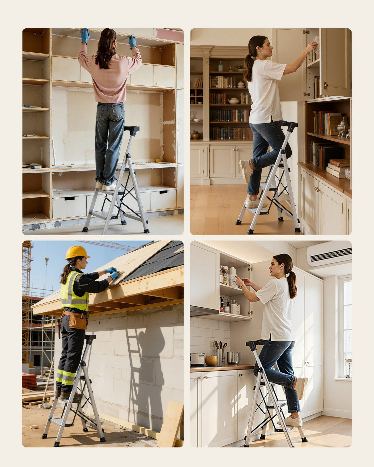 Start2Finish VEVOR 3-step aluminum ladder with wide anti-slip pedals and comfort handgrip, suitable for kitchen, warehouse, and household use.