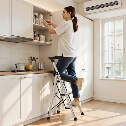 Start2Finish VEVOR 3-step aluminum ladder with wide anti-slip pedals, comfort handgrip, silver finish, portable for household and office use.