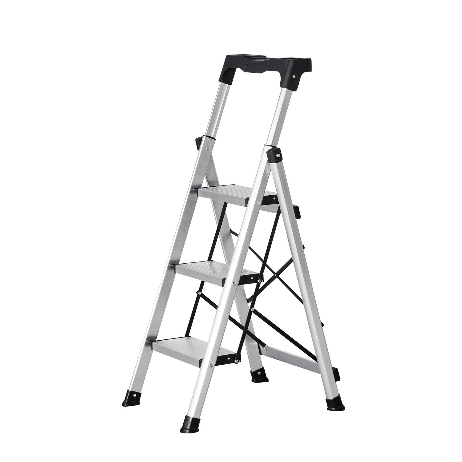 Start2Finish VEVOR 3-step aluminum ladder with wide anti-slip pedals, comfort handgrip, portable design, suitable for home and office use.