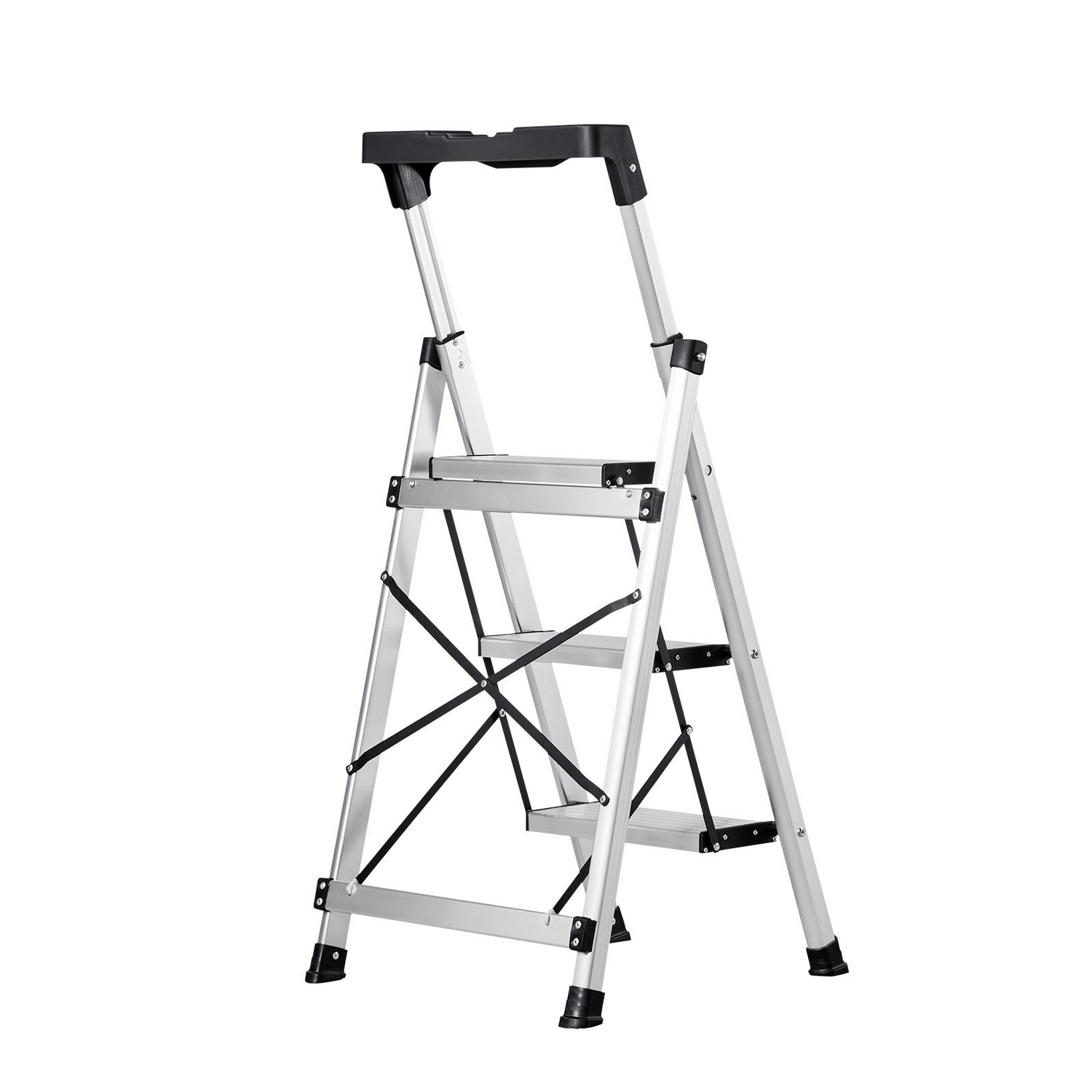 Start2Finish VEVOR 3-step aluminum ladder with wide anti-slip pedals, comfort handgrip, silver finish, suitable for household and workplace use.