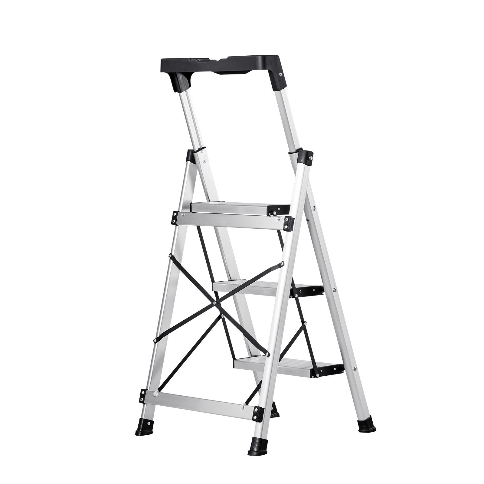Start2Finish VEVOR 3-step aluminum ladder with wide anti-slip pedals, comfort handgrip, silver finish, suitable for household and workplace use.